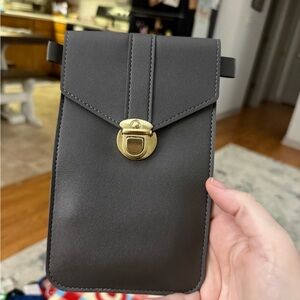 Gray Leather Crossbody Phone Pouch with Gold Hardware